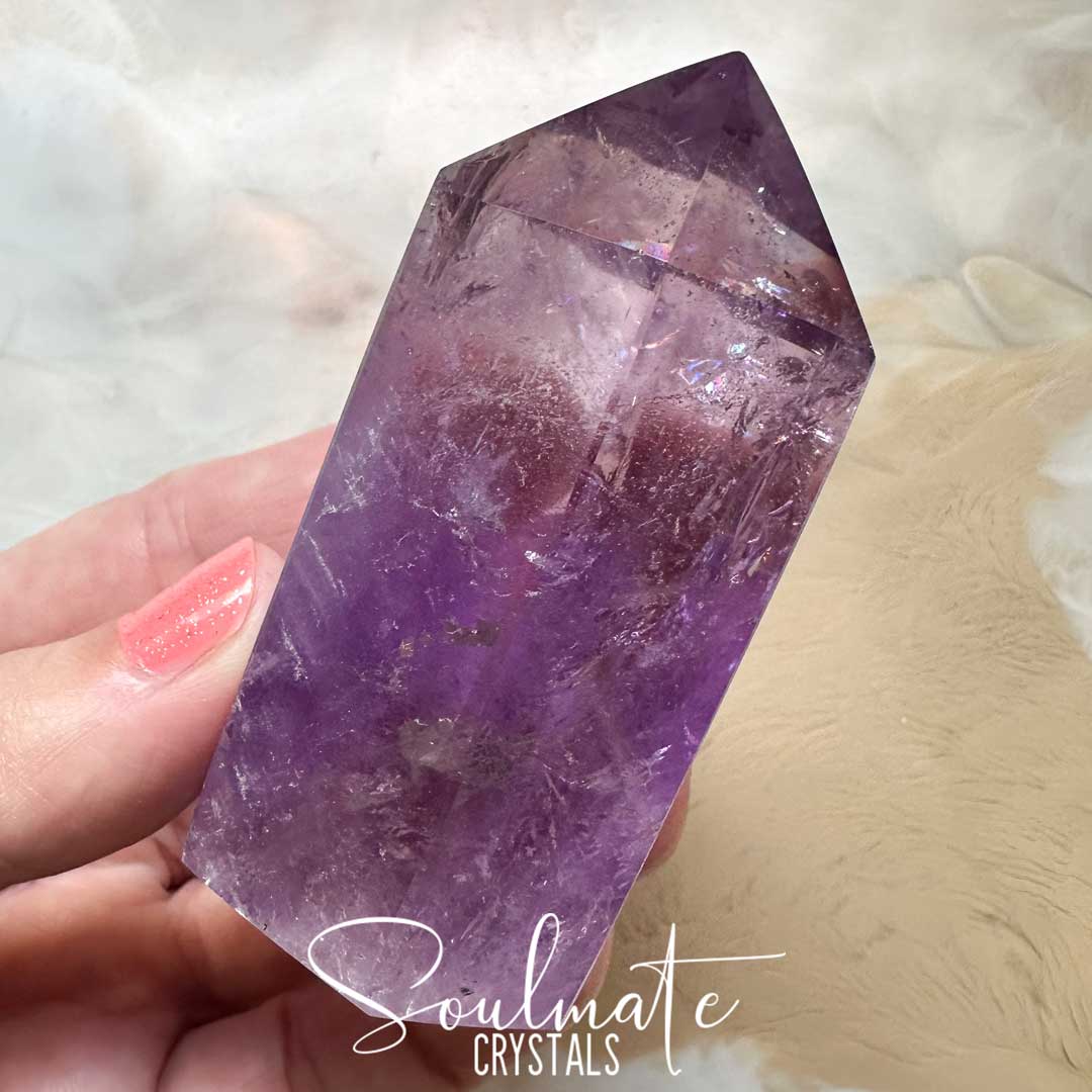 Soulmate Crystals Amethyst Polished Crystal Point, Purple Crystal Generator for Calm, Serenity, Spiritual Growth, Balance, Protection, Peace, Intuition.