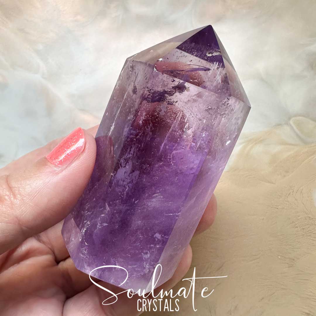 Soulmate Crystals Amethyst Polished Crystal Point, Purple Crystal Generator for Calm, Serenity, Spiritual Growth, Balance, Protection, Peace, Intuition.