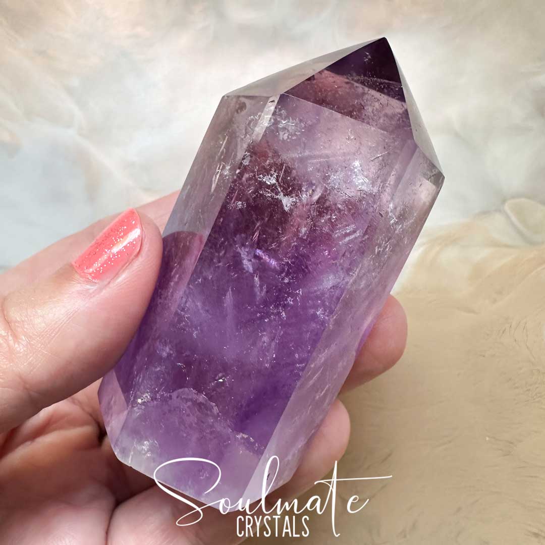 Soulmate Crystals Amethyst Polished Crystal Point, Purple Crystal Generator for Calm, Serenity, Spiritual Growth, Balance, Protection, Peace, Intuition.