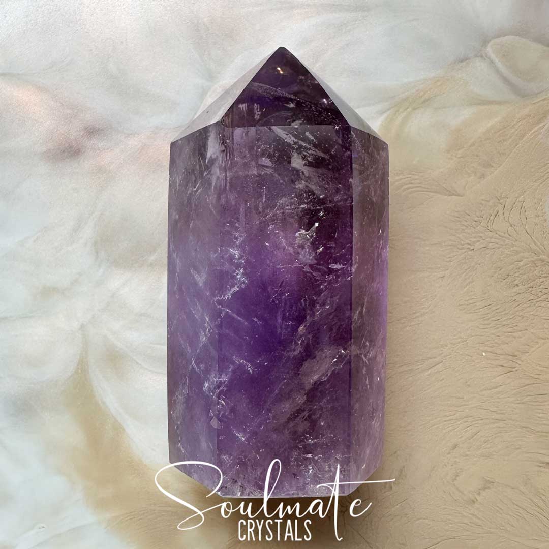 Soulmate Crystals Amethyst Polished Crystal Point, Purple Crystal Generator for Calm, Serenity, Spiritual Growth, Balance, Protection, Peace, Intuition.