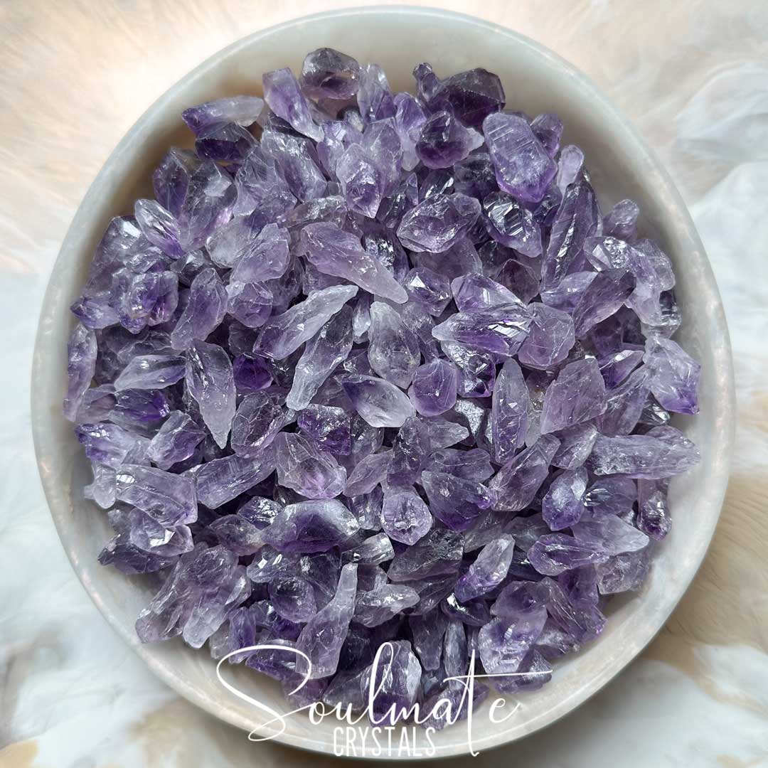 Soulmate Crystals Amethyst Raw Natural Point XS Mixed Pack, Purple Crystal for Calm, Serenity and Reduce Stress.