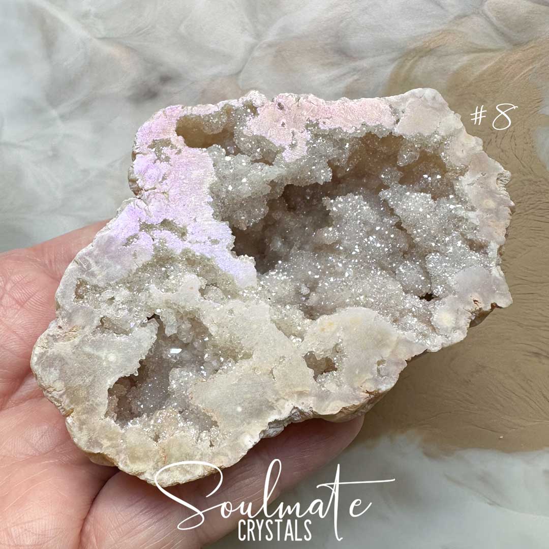 Soulmate Crystals Angel Aura Quartz Raw Natural Crystal Geode Half, Iridescent Cut Crystal Geode for Calming Worry, Soothing Tension, Communication, Spiritual Guidance.