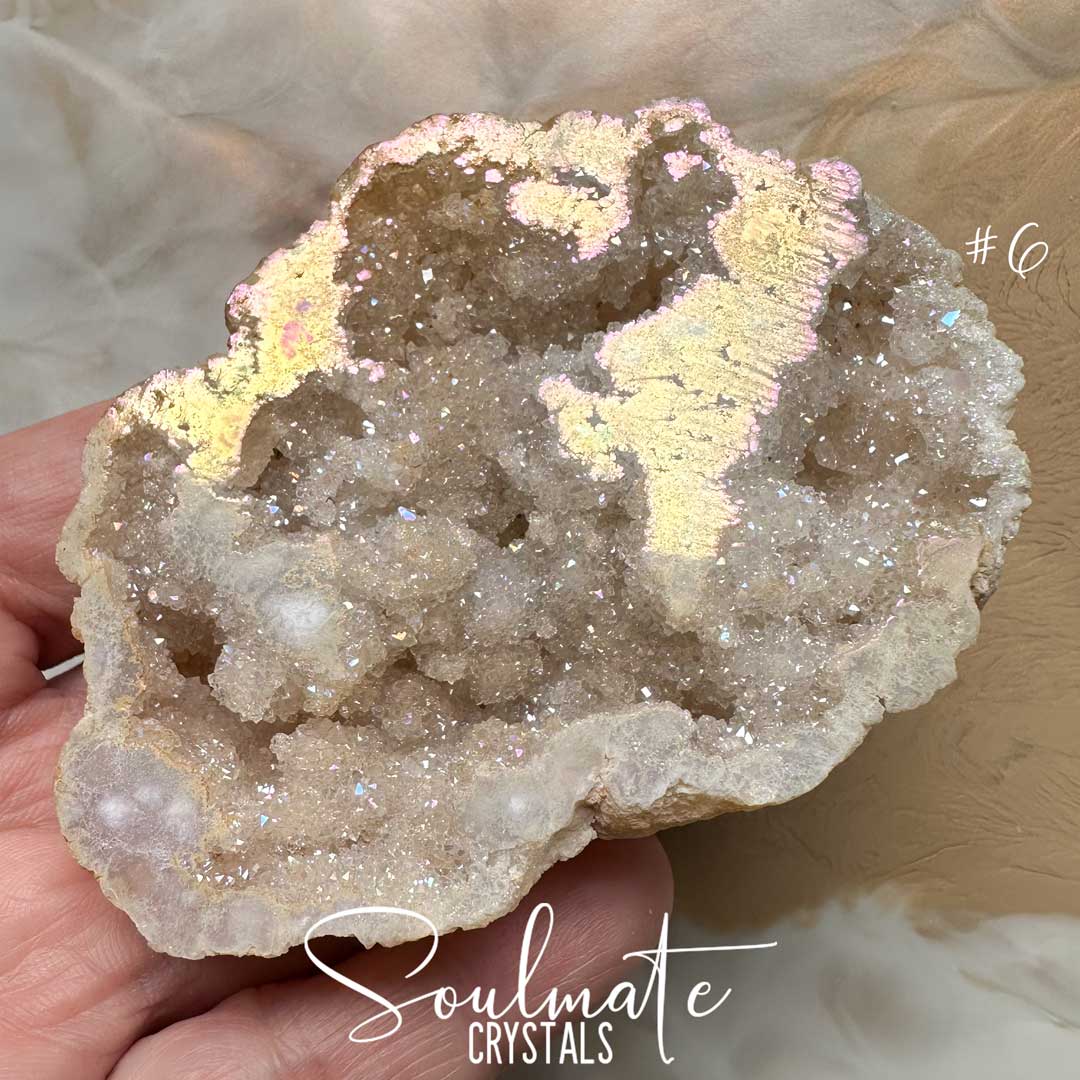 Soulmate Crystals Angel Aura Quartz Raw Natural Crystal Geode Half, Iridescent Cut Crystal Geode for Calming Worry, Soothing Tension, Communication, Spiritual Guidance.