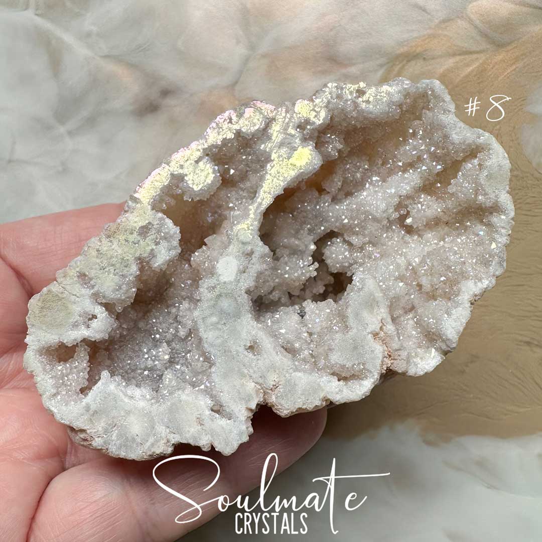 Soulmate Crystals Angel Aura Quartz Raw Natural Crystal Geode Half, Iridescent Cut Crystal Geode for Calming Worry, Soothing Tension, Communication, Spiritual Guidance.
