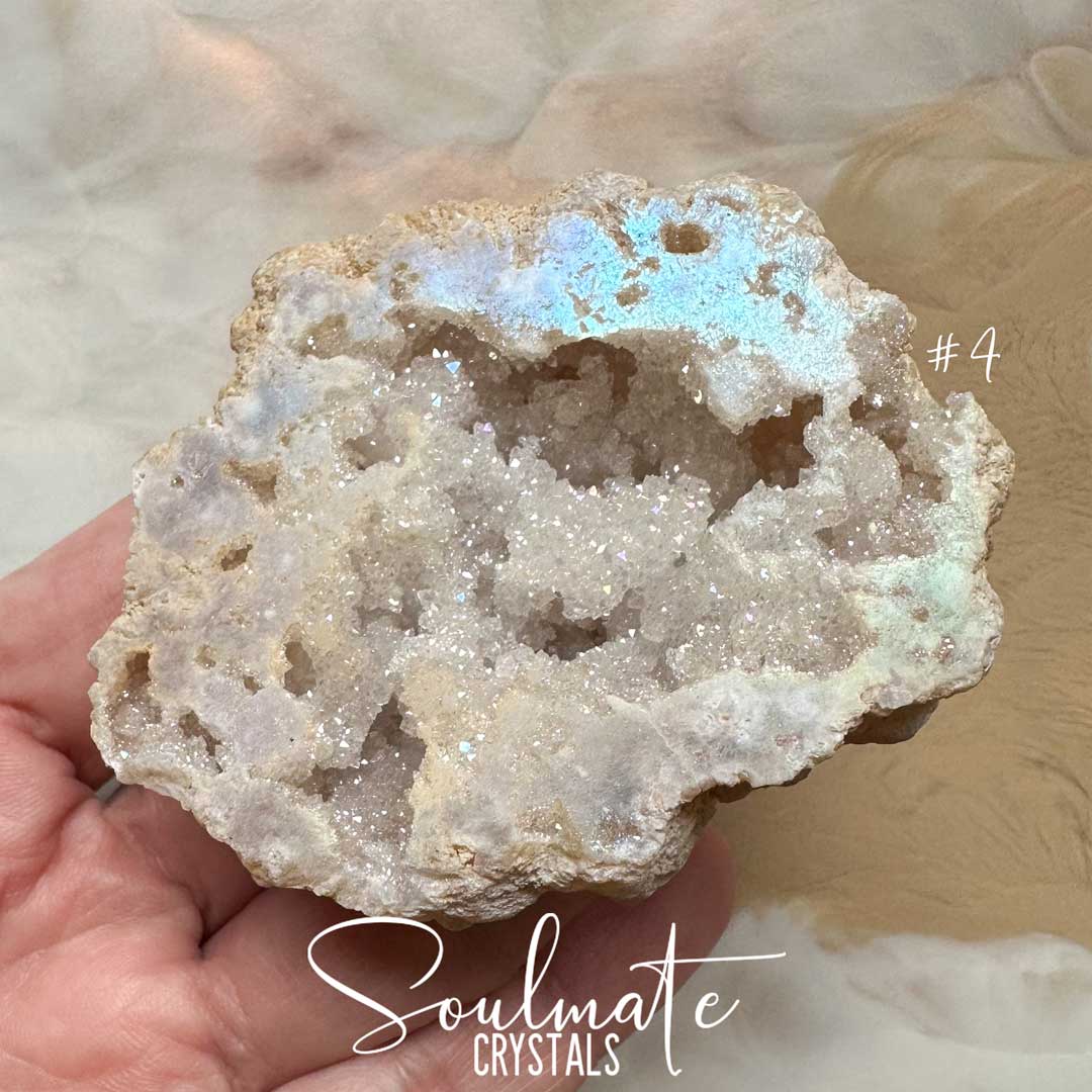 Soulmate Crystals Angel Aura Quartz Raw Natural Crystal Geode Half, Iridescent Cut Crystal Geode for Calming Worry, Soothing Tension, Communication, Spiritual Guidance.