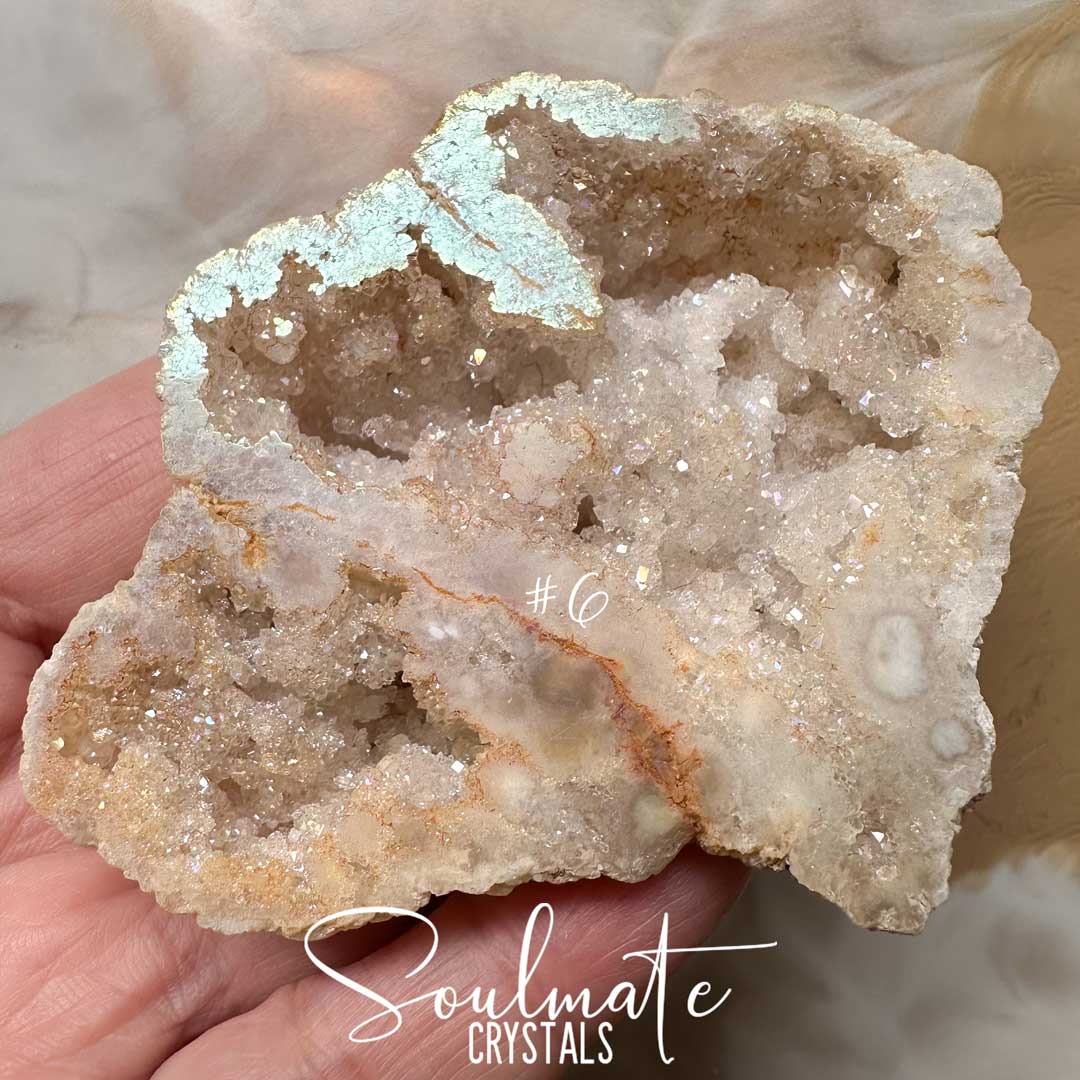 Soulmate Crystals Angel Aura Quartz Raw Natural Crystal Geode Half, Iridescent Cut Crystal Geode for Calming Worry, Soothing Tension, Communication, Spiritual Guidance.