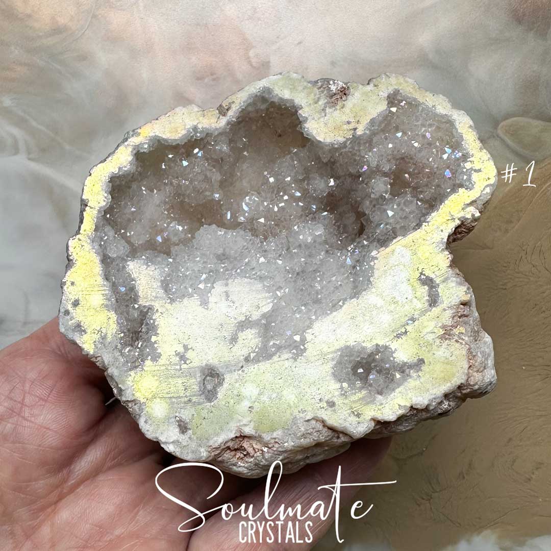 Soulmate Crystals Angel Aura Quartz Raw Natural Crystal Geode Half, Iridescent Cut Crystal Geode for Calming Worry, Soothing Tension, Communication, Spiritual Guidance.