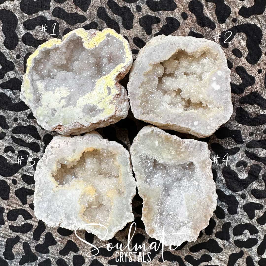 Soulmate Crystals Angel Aura Quartz Raw Natural Crystal Geode Half, Iridescent Cut Crystal Geode for Calming Worry, Soothing Tension, Communication, Spiritual Guidance.