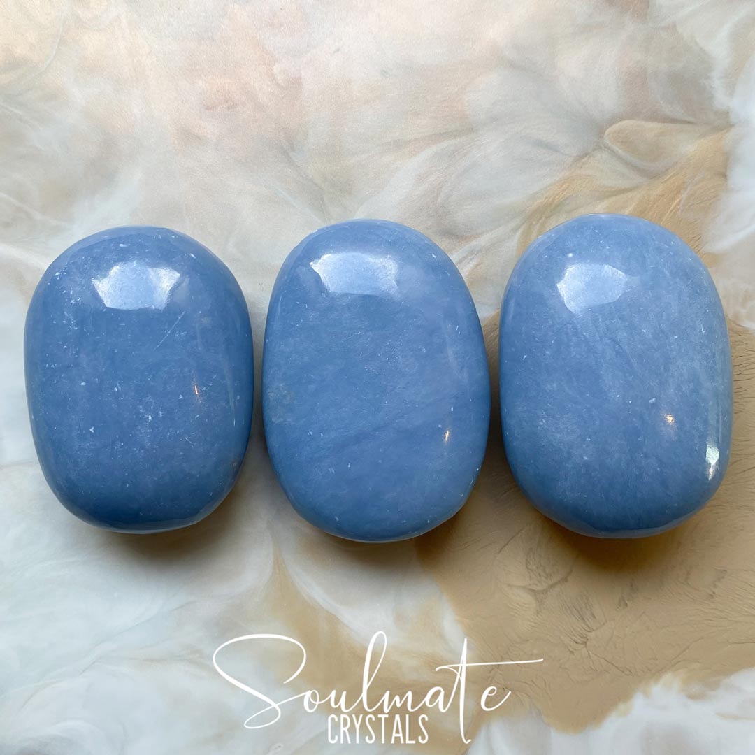 Soulmate Crystals Angelite Polished Palm Stone, Pale Blue Crystal for Stress Relief, Peace and Relaxation, Size Jumbo, Grade AA