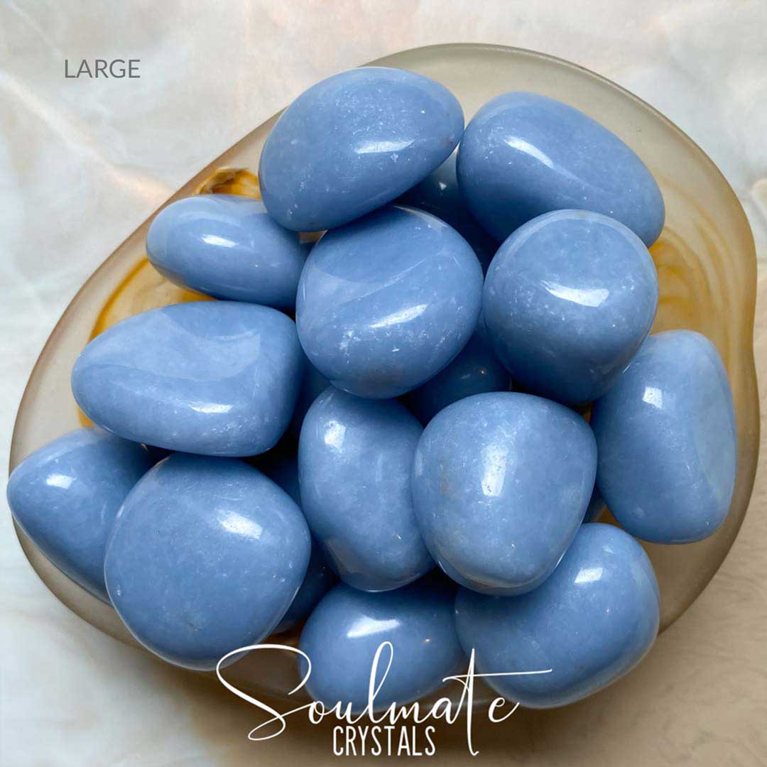 Soulmate Crystals Angelite Tumbled Stone, Light Blue Crystal for Stress Relief, Peace, Relaxation, Serenity, Spiritual Awareness, Emotional Wellbeing, Anhydrite, Angel Stone, Guardian Angel Guidance.