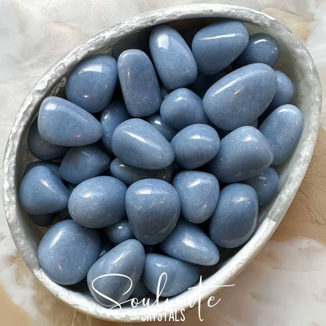 Soulmate Crystals Angelite Tumbled Stone, Light Blue Crystal for Stress Relief, Peace, Relaxation, Serenity, Spiritual Awareness, Emotional Wellbeing, Anhydrite, Angel Stone, Guardian Angel Guidance.