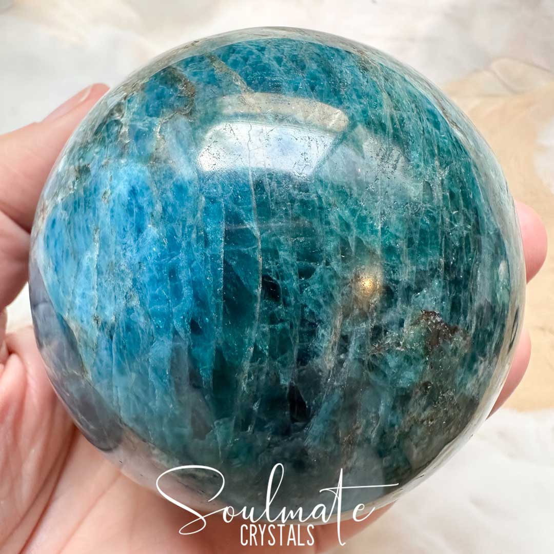 Soulmate Crystals Blue Apatite Polished Crystal Sphere, Polished Teal Blue Crystal for Big Goals, Clarity, Self-Expression and Confidence