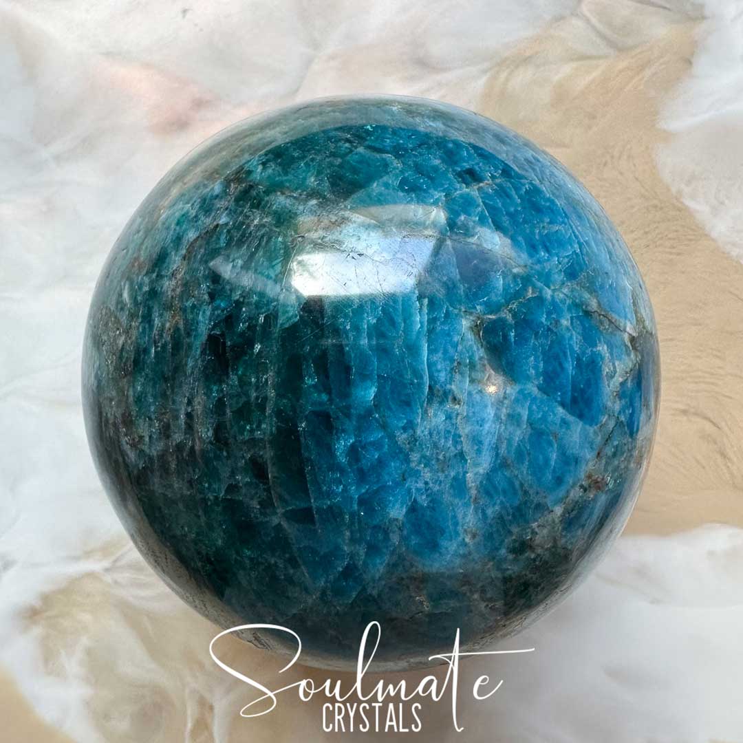 Soulmate Crystals Blue Apatite Polished Crystal Sphere, Polished Teal Blue Crystal for Big Goals, Clarity, Self-Expression and Confidence