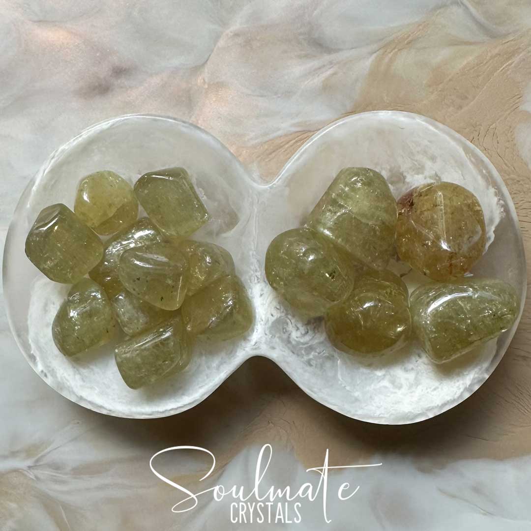 Soulmate Crystals Golden Yellow Apatite Tumbled Stone, Semi-Translucent Light Gold Crystal for Manifestation, Harmony, Willpower, Strength, Creativity, Positivity.