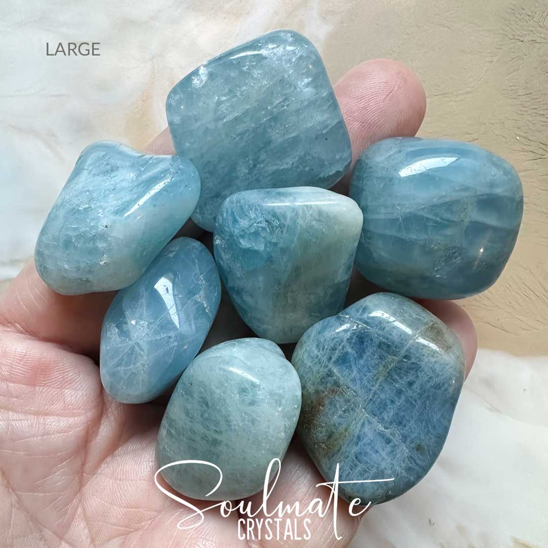 Soulmate Crystals Aquamarine Beryl Blue Tumbled Stone, Blue Crystal for Love, Luck, Courage, Harmony, Emotional Wellbeing, Water Travel.