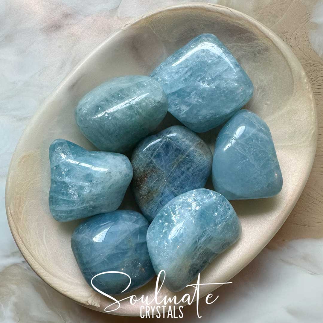Soulmate Crystals Aquamarine Beryl Blue Tumbled Stone, Blue Crystal for Love, Luck, Courage, Harmony, Emotional Wellbeing, Water Travel.