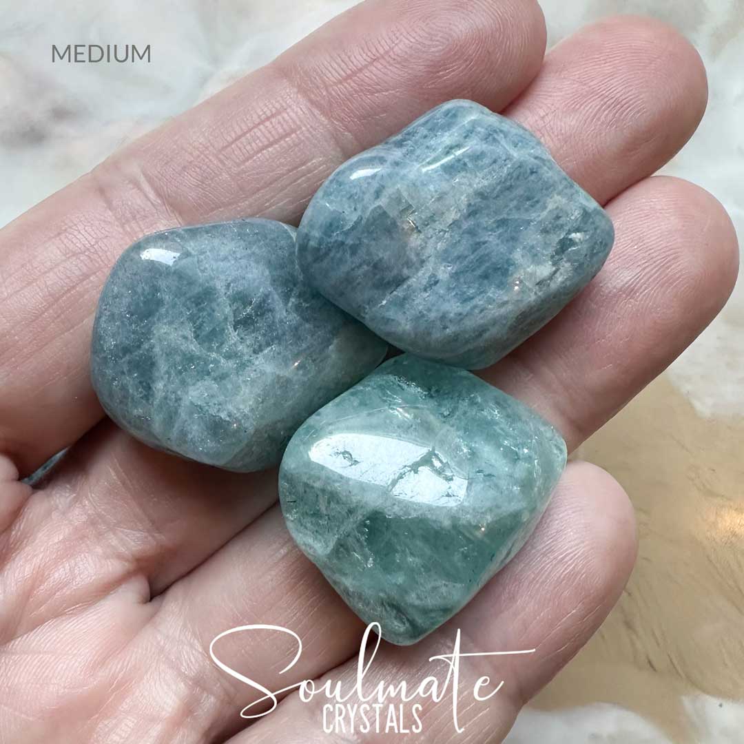 Soulmate Crystals Aquamarine Beryl Blue Tumbled Stone, Blue Crystal for Love, Luck, Courage, Harmony, Emotional Wellbeing, Water Travel.