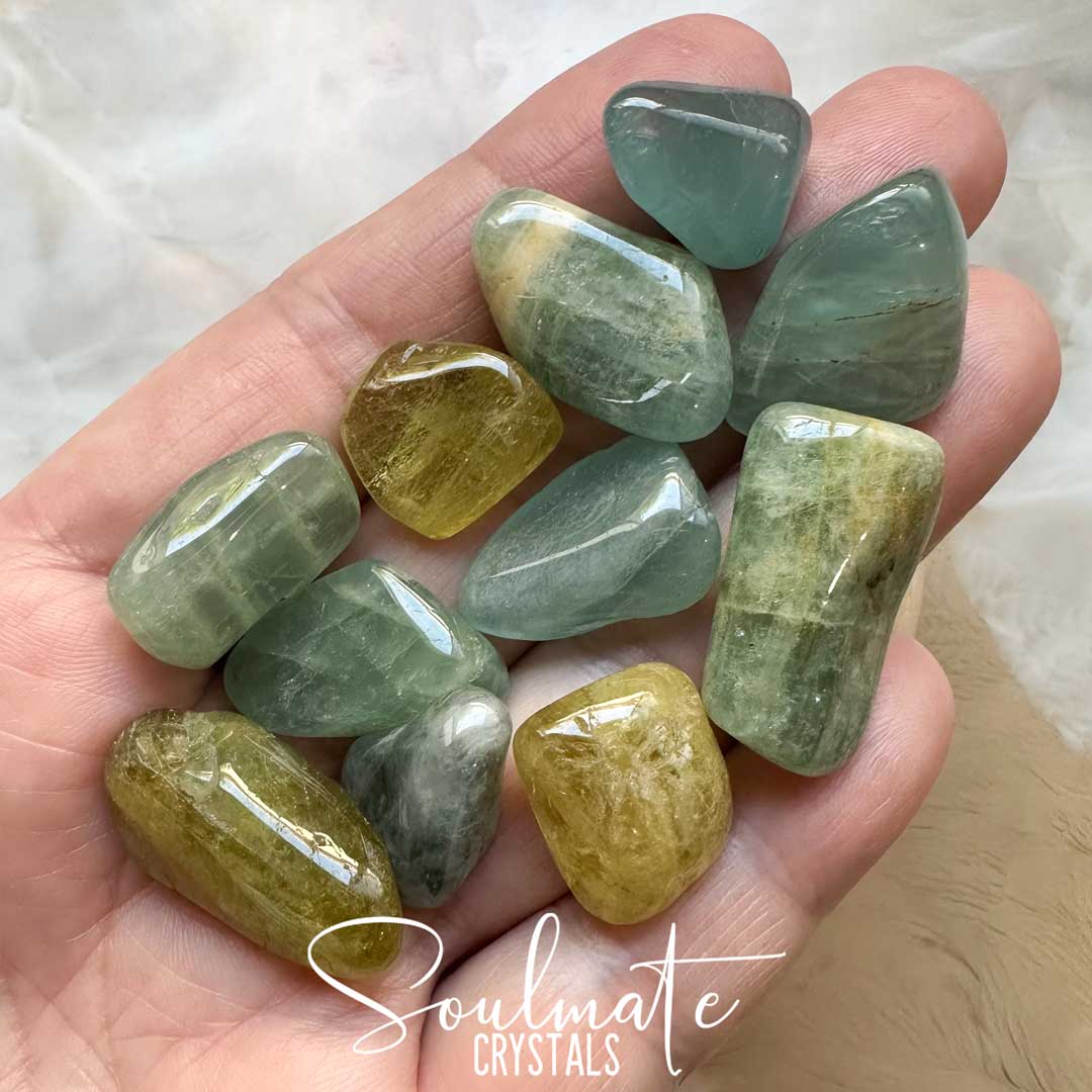 Soulmate Crystals Aquamarine Beryl Tumbled Stone, Blue, Yellow-Green Crystal for Love, Luck, Courage, Harmony, Emotional Wellbeing, Water Travel.