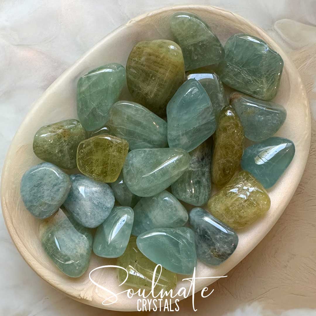 Soulmate Crystals Aquamarine Beryl Tumbled Stone, Blue, Yellow-Green Crystal for Love, Luck, Courage, Harmony, Emotional Wellbeing, Water Travel.