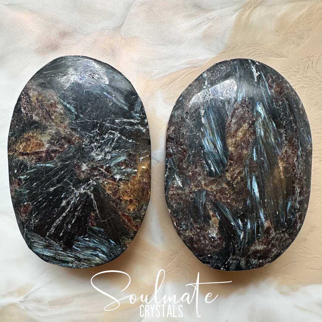 Soulmate Crystals Arfvedsonite Polished Crystal Palm Stone Oval, Black-Dark Brown Polished Stone Metallic Feathery Bladed Inclusions in Silver Blue, Stone for Manifestation.