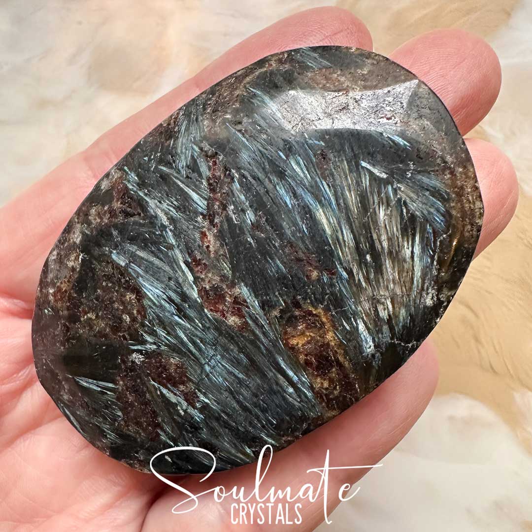 Soulmate Crystals Arfvedsonite Polished Crystal Palm Stone Oval, Black-Dark Brown Polished Stone Metallic Feathery Bladed Inclusions in Silver Blue, Stone for Manifestation.