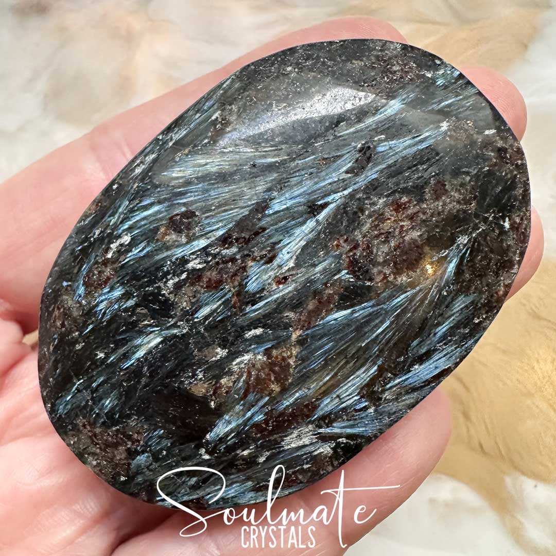 Soulmate Crystals Arfvedsonite Polished Crystal Palm Stone Oval, Black-Dark Brown Polished Stone Metallic Feathery Bladed Inclusions in Silver Blue, Stone for Manifestation.