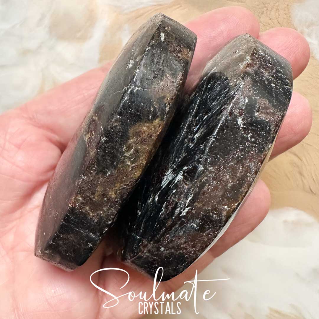 Soulmate Crystals Arfvedsonite Polished Crystal Palm Stone Oval, Black-Dark Brown Polished Stone Metallic Feathery Bladed Inclusions in Silver Blue, Stone for Manifestation.