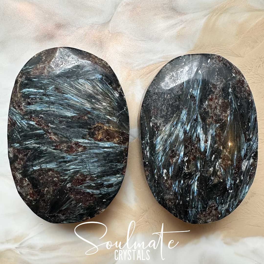 Soulmate Crystals Arfvedsonite Polished Crystal Palm Stone Oval, Black-Dark Brown Polished Stone Metallic Feathery Bladed Inclusions in Silver Blue, Stone for Manifestation.