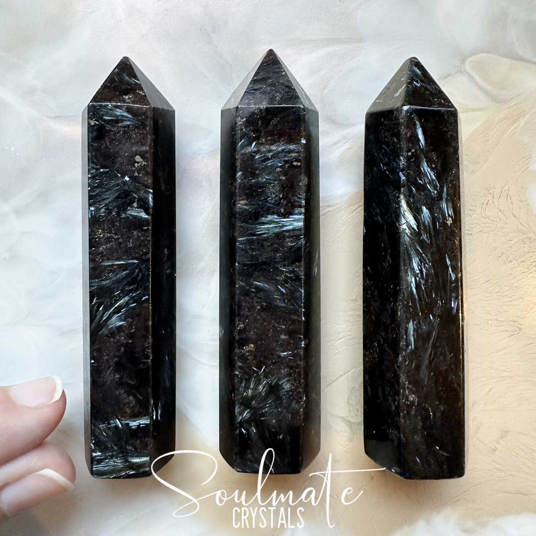 Soulmate Crystals Arfvedsonite Polished Crystal Point, Black-Dark Brown Polished Stone Metallic Bladed Inclusions in Silver Blue, Stone for Manifestation, Grade A