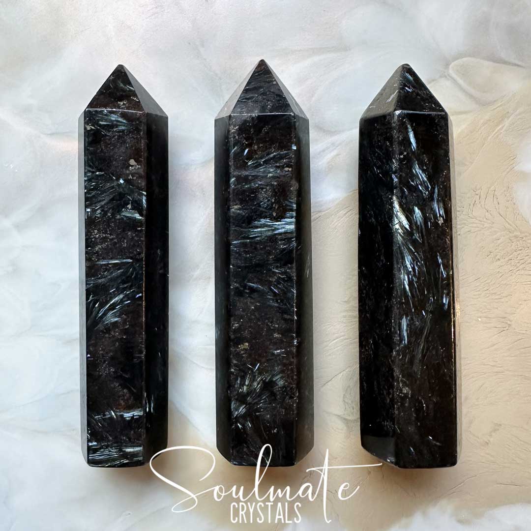 Soulmate Crystals Arfvedsonite Polished Crystal Point, Black-Dark Brown Polished Stone Metallic Bladed Inclusions in Silver Blue, Stone for Manifestation, Grade A