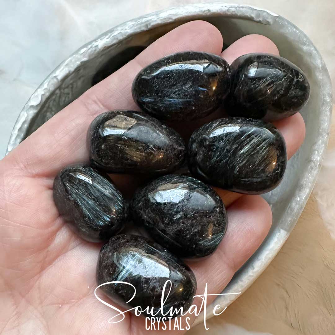 Soulmate Crystals Arfvedsonite Tumbled Stone, Black-Dark Brown Polished Stone Metallic Bladed Inclusions in Silver Blue, Stone for Manifestation, Grade A
