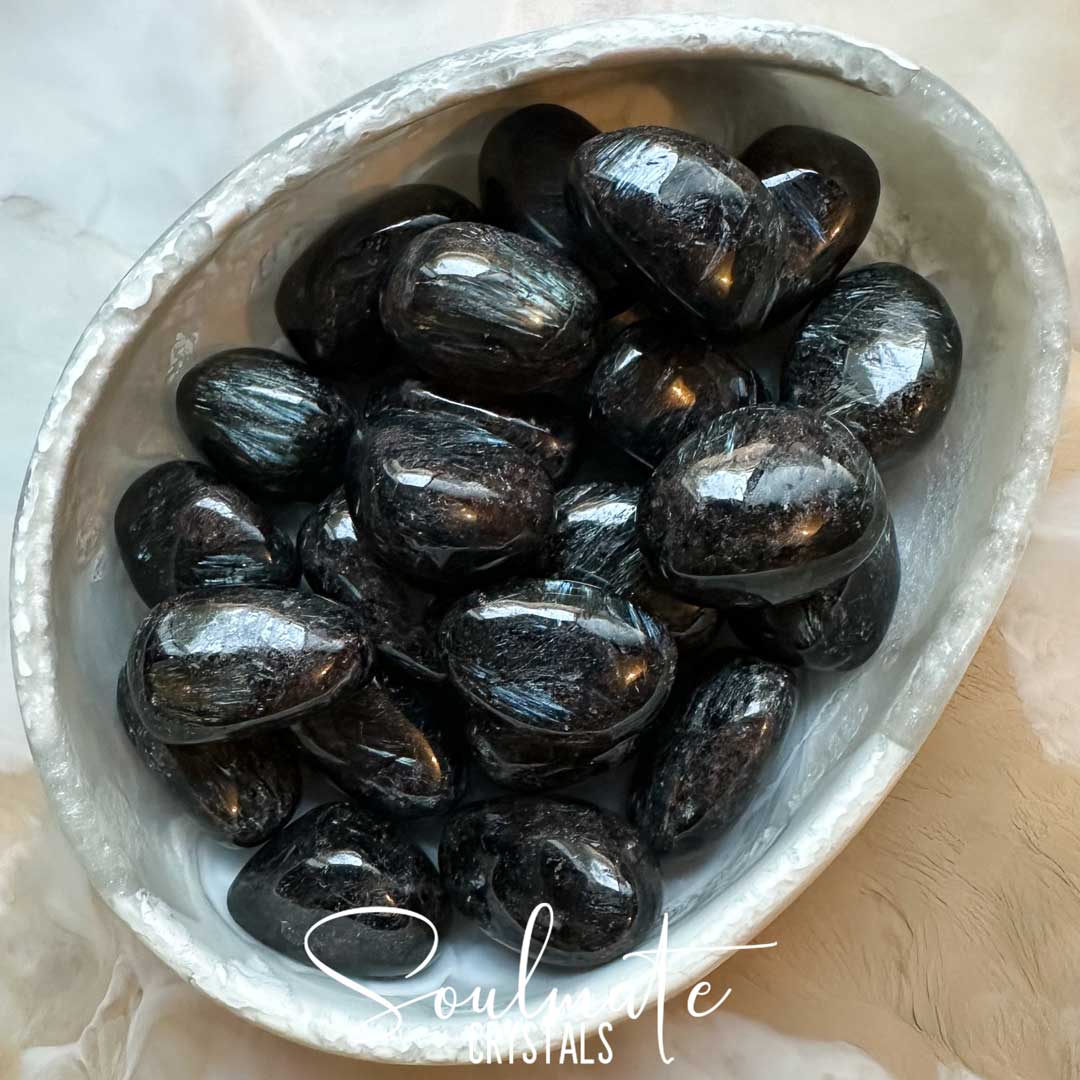 Soulmate Crystals Arfvedsonite Tumbled Stone, Black-Dark Brown Polished Stone Metallic Bladed Inclusions in Silver Blue, Stone for Manifestation, Grade A