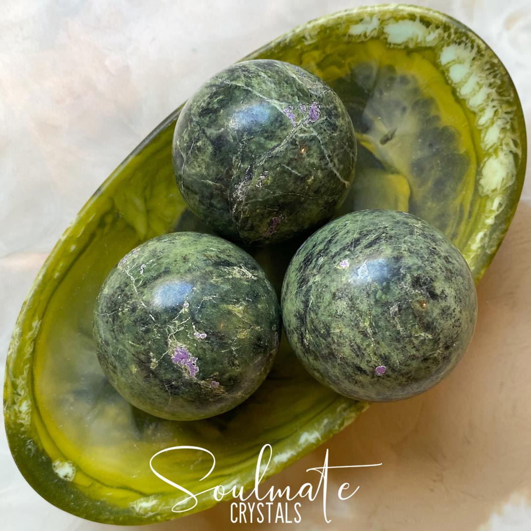 Soulmate Crystals Atlantisite Polished Crystal Sphere, Serpentine Green Crystal with Stitchtite Purple Crystal Inclusions for Wisdom, Compassion and Forgiveness, Extra Quality Grade Rare Australian Mineral