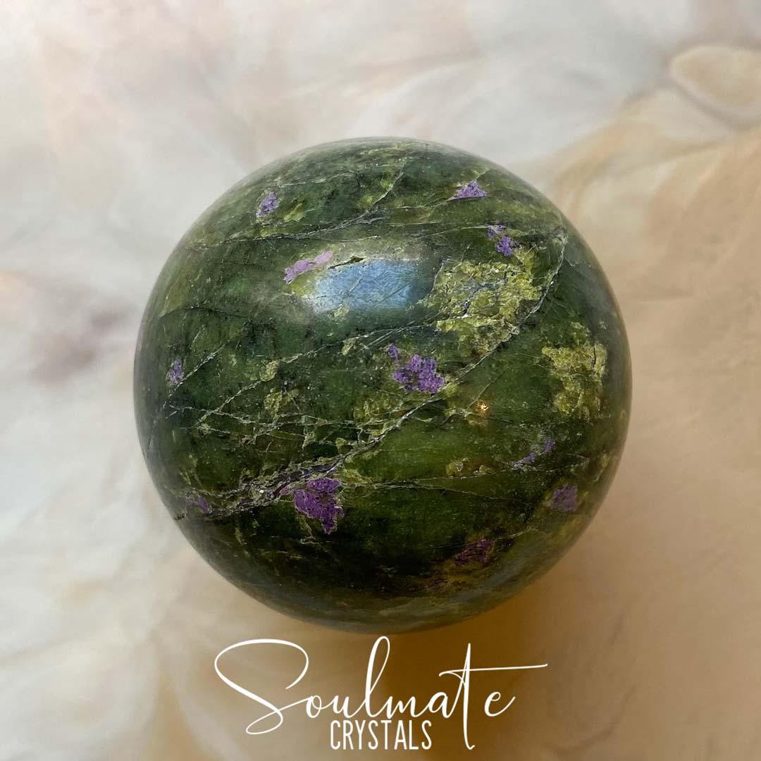 Soulmate Crystals Atlantisite Polished Crystal Sphere, Serpentine Green Crystal with Stitchtite Purple Crystal Inclusions for Wisdom, Compassion and Forgiveness, Extra Quality Grade Rare Australian Mineral