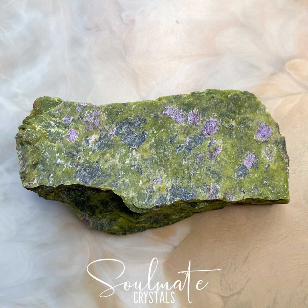 Soulmate Crystals Atlantisite Raw Natural Energy Stone, Unpolished Serpentine Green Crystal with Stitchtite Purple Inclusions for Wisdom, Compassion and Forgiveness