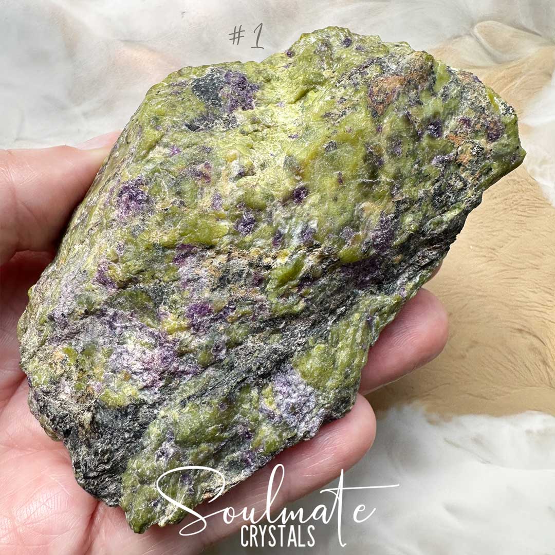Soulmate Crystals Atlantisite Raw Natural Stone, Unpolished Serpentine Green Crystal with Stichtite Purple Inclusions for Wisdom, Compassion and Forgiveness