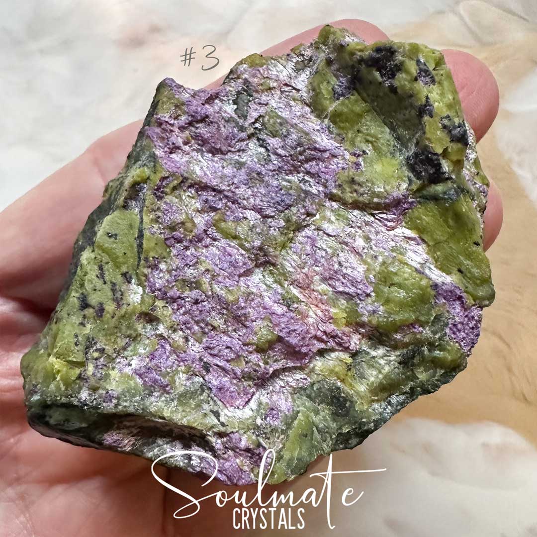 Soulmate Crystals Atlantisite Raw Natural Stone, Unpolished Serpentine Green Crystal with Stichtite Purple Inclusions for Wisdom, Compassion and Forgiveness