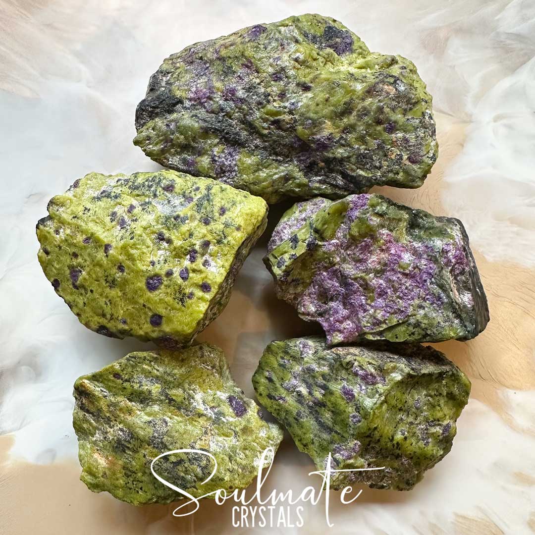 Soulmate Crystals Atlantisite Raw Natural Stone, Unpolished Serpentine Green Crystal with Stichtite Purple Inclusions for Wisdom, Compassion and Forgiveness