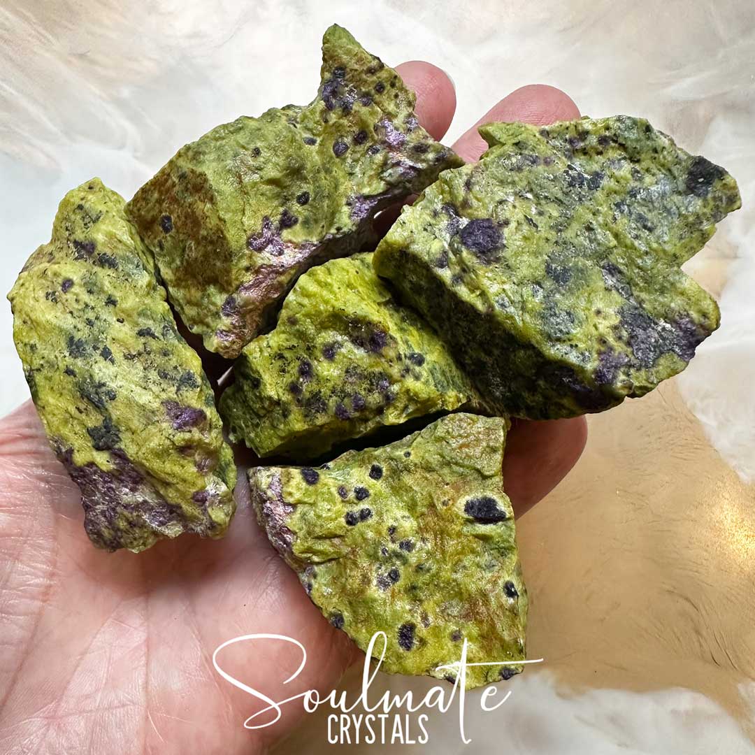 Soulmate Crystals Atlantisite Raw Natural Stone, Unpolished Serpentine Green Crystal with Stichtite Purple Inclusions for Wisdom, Compassion and Forgiveness