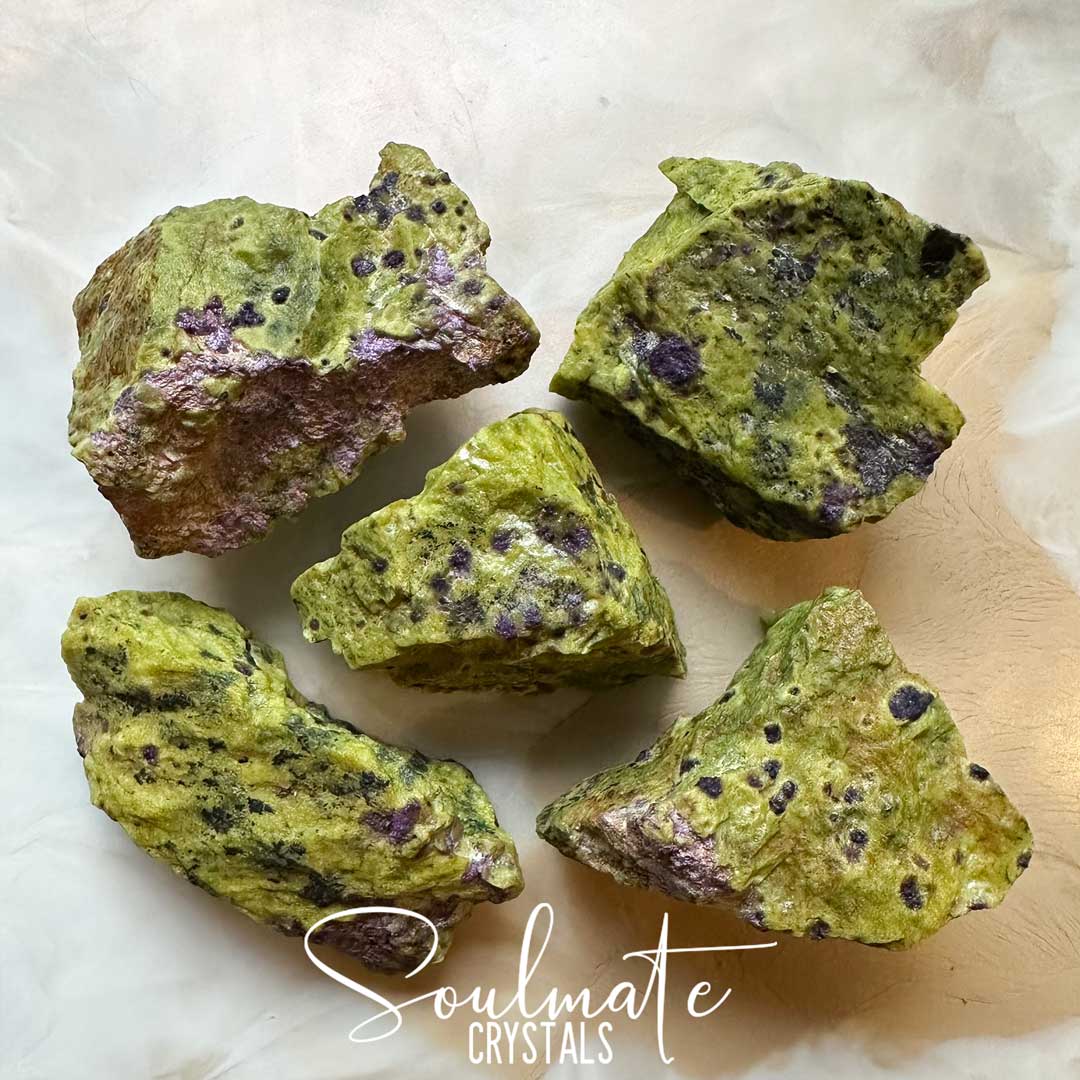Soulmate Crystals Atlantisite Raw Natural Stone, Unpolished Serpentine Green Crystal with Stichtite Purple Inclusions for Wisdom, Compassion and Forgiveness