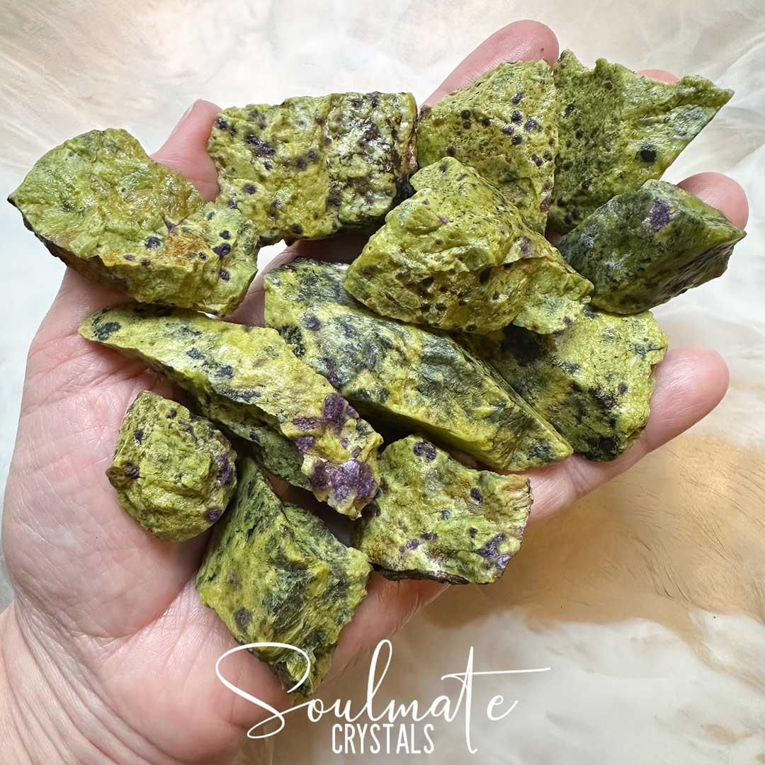 Soulmate Crystals Atlantisite Raw Natural Stone, Unpolished Serpentine Green Crystal with Stichtite Purple Inclusions for Wisdom, Compassion and Forgiveness