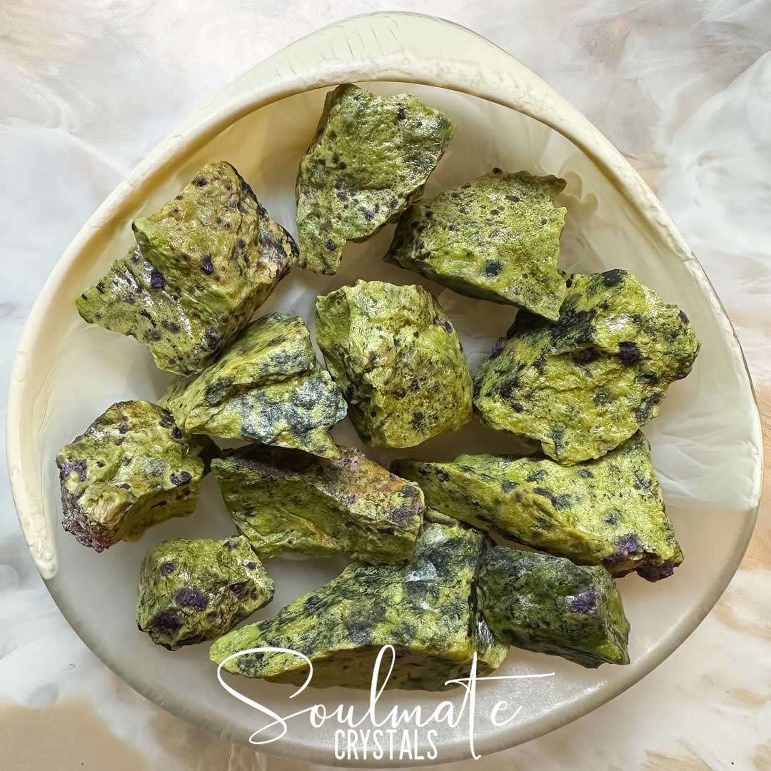 Soulmate Crystals Atlantisite Raw Natural Stone, Unpolished Serpentine Green Crystal with Stichtite Purple Inclusions for Wisdom, Compassion and Forgiveness