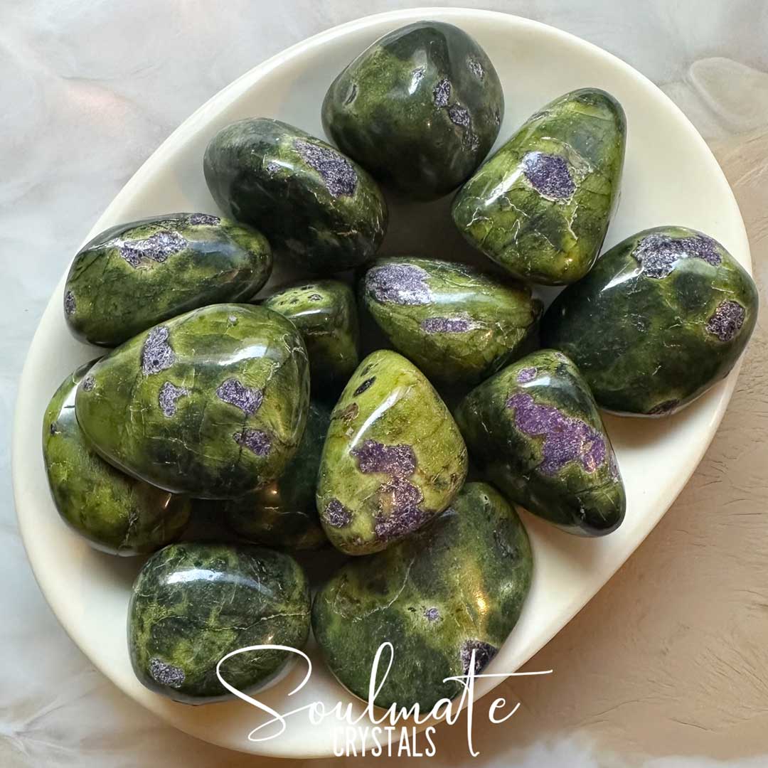 Soulmate Crystals Atlantisite Serpentine Stichtite Tumbled Stone, Polished Bright, Mid-Dark Green Crystal with Lilac Purple Crystal Inclusions for Wisdom, Compassion, Forgiveness, Rare Australian Crystal Mineral Specimen.