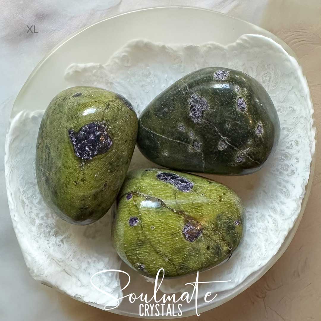 Soulmate Crystals Atlantisite Serpentine Stichtite Tumbled Stone, Polished Bright, Mid-Dark Green Crystal with Lilac Purple Crystal Inclusions for Wisdom, Compassion, Forgiveness, Rare Australian Crystal Mineral Specimen.