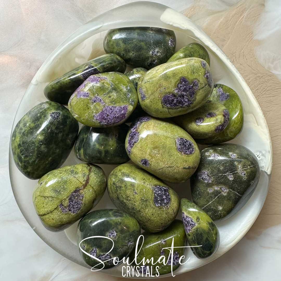 Soulmate Crystals Atlantisite Serpentine Stichtite Tumbled Stone, Polished Bright-Dark Green Crystal with Lilac Purple Crystal Inclusions for Wisdom, Compassion and Forgiveness.