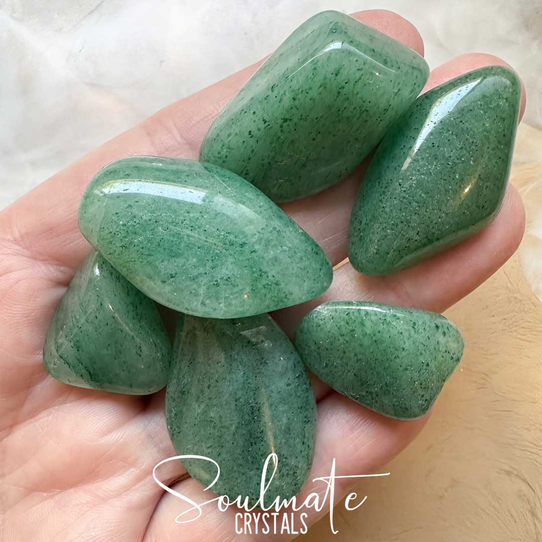 Soulmate Crystals Aventurine Green Light Tumbled Stone, Polished Mid Green Crystal Fuchsite Flecks for Luck, Abundance, Risk Taking, Manifestation, Prosperity, Opportunity.