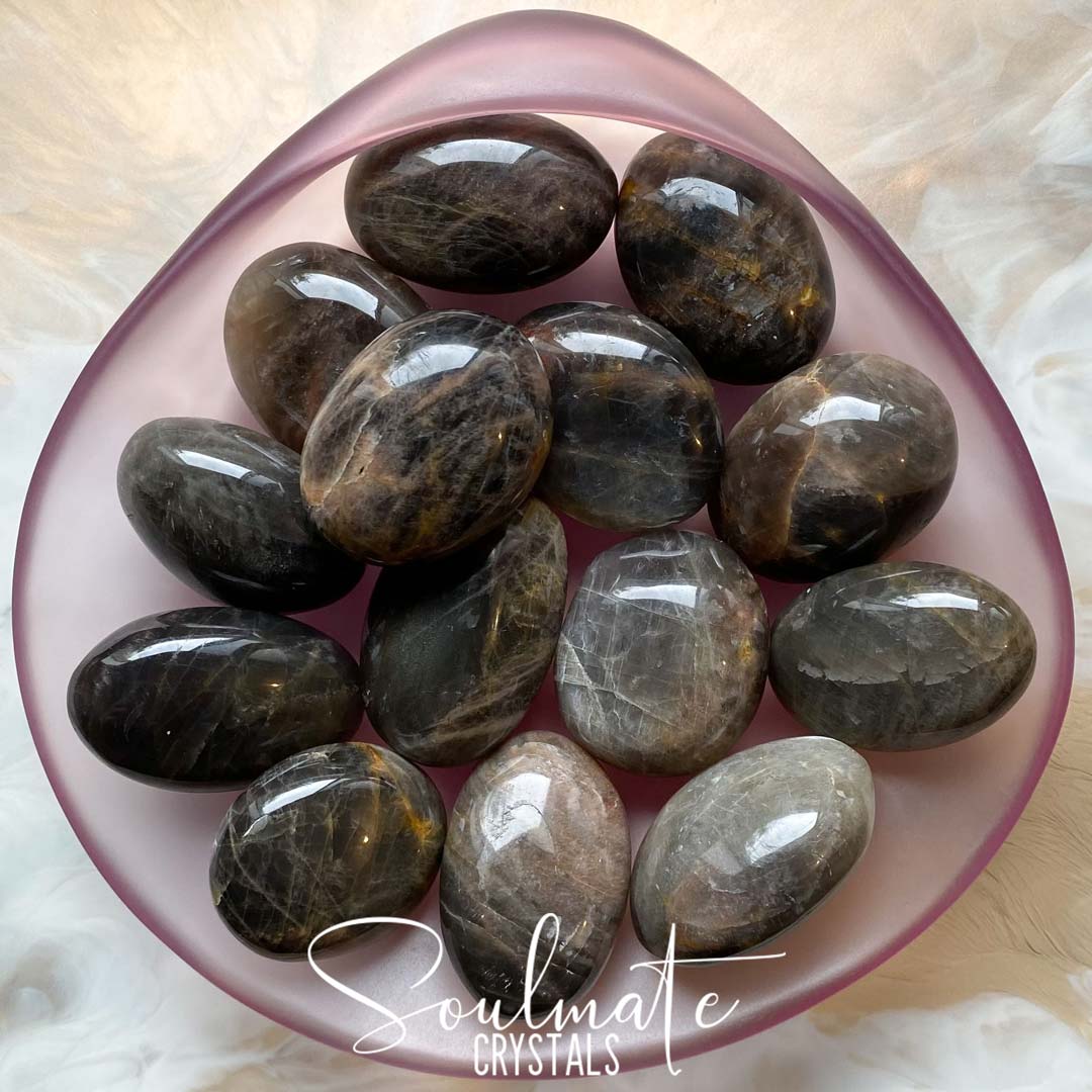 Soulmate Crystals Black Moonstone Polished Crystal Pebble, Black Crystal for Intention Setting, Manifestation, Creativity and New Moon Rituals.