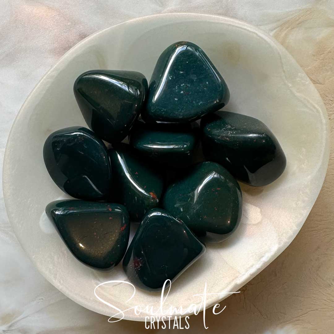 Soulmate Crystals Bloodstone Tumbled Stone, Heliotrope Dark Green Jasper Crystal Red Markings for Detoxifying and Empowerment.