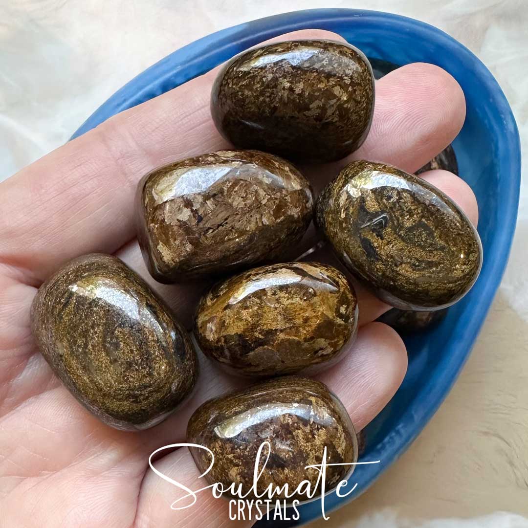 Soulmate Crystals Bronzite Tumbled Stone, Polished Brown Crystal for Grounding, Protection, Assertiveness, Discernment, Metallic Chatoyant Gold Patterning.