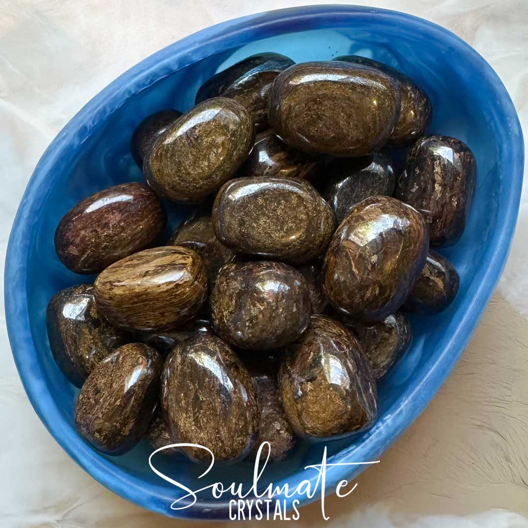 Soulmate Crystals Bronzite Tumbled Stone, Polished Brown Crystal for Grounding, Protection, Assertiveness, Discernment, Metallic Chatoyant Gold Patterning.